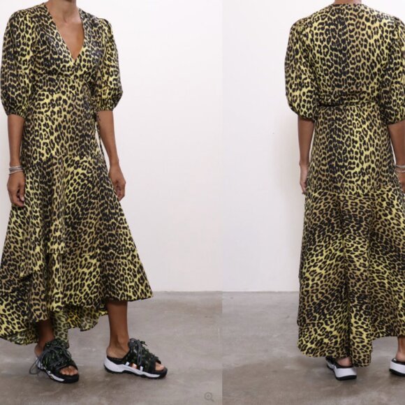 GANNI Bijou Minion Yellow Leopard Animal Print Cotton V-Neck Maxi Wrap Dress - Picture 5 of 16